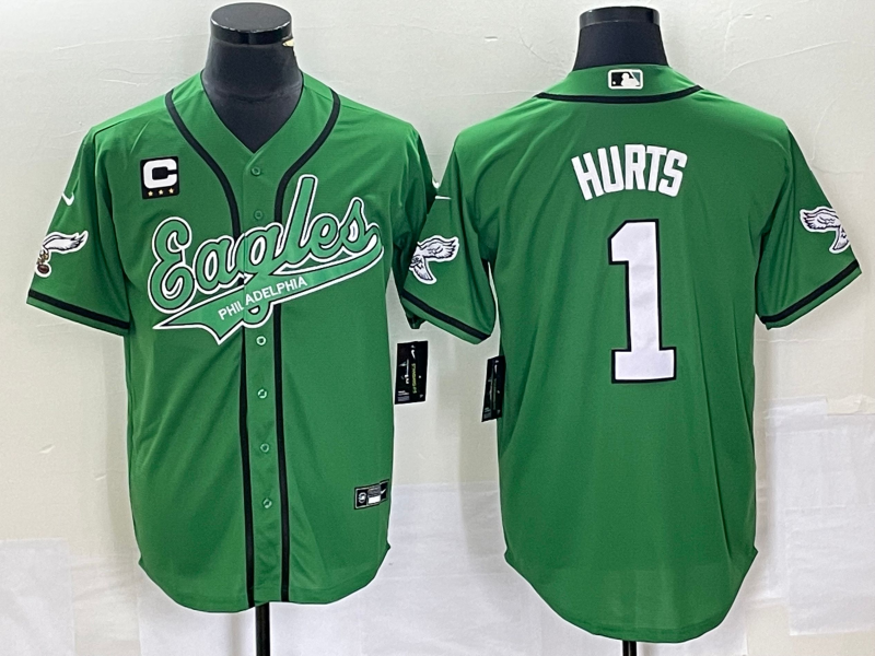 Philadelphia Eagles #1 Jalen Hurts Green With C Patch Cool Base Stitched Baseball Jersey